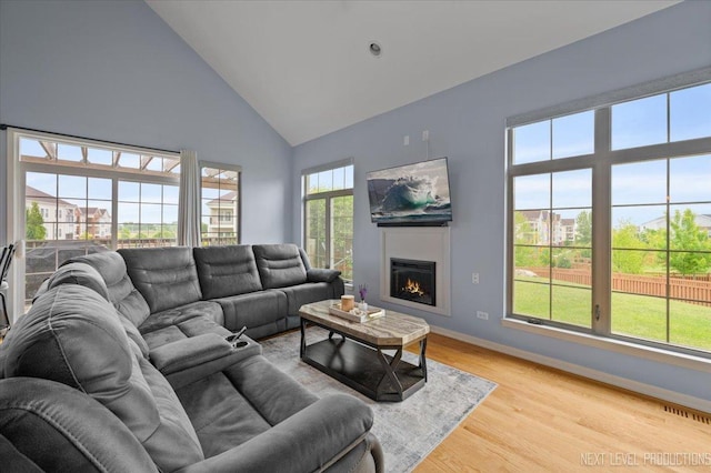 12709 Wild Rye Ct, Plainfield, IL 60585 - living area with high vaulted ceiling, light wood finished floors, a warm lit fireplace, and baseboards