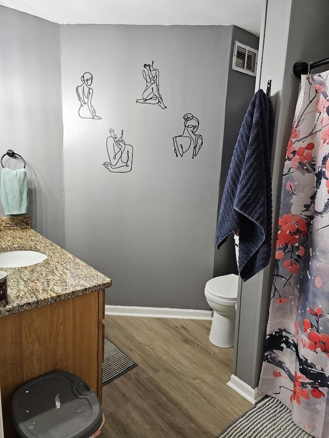 427 W Hurlbut Ave, Belvidere, IL 61008 - full bath featuring toilet, wood finished floors, vanity, baseboards, and a shower with curtain