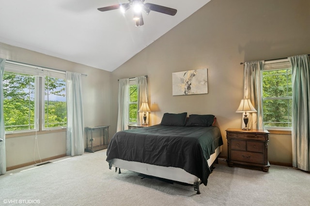 904 Warwick Ln, Lake Zurich, IL 60047 - bedroom featuring light colored carpet, multiple windows, high vaulted ceiling, and ceiling fan