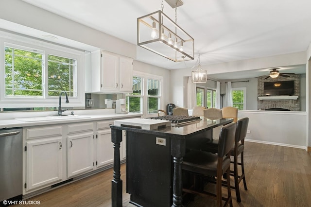 904 Warwick Ln, Lake Zurich, IL 60047 - kitchen with stainless steel appliances, a brick fireplace, white cabinets, and dark wood-type flooring