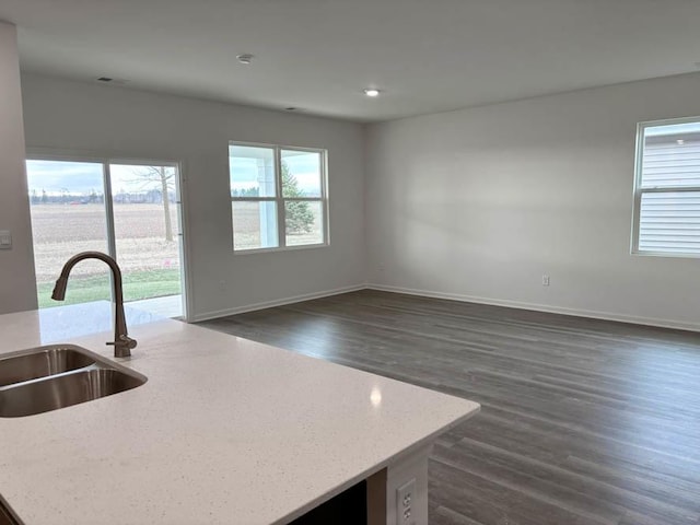 2520 Redwood Trl, Wonder Lake, IL 60097 - kitchen with a sink, dark wood-style floors, light stone counters, open floor plan, and baseboards
