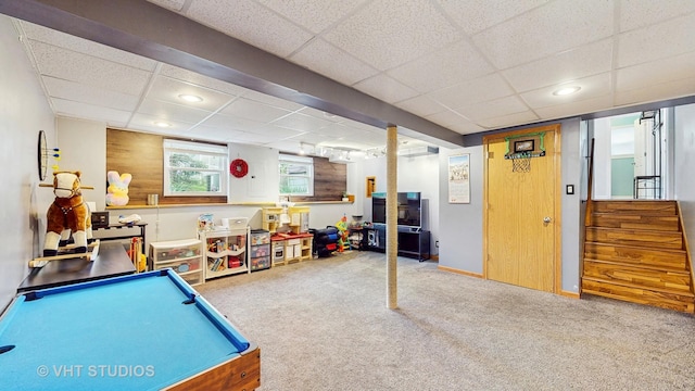 1176 Westport Rdg, Crystal Lake, IL 60014 - game room featuring a paneled ceiling, carpet floors, recessed lighting, pool table, and baseboards