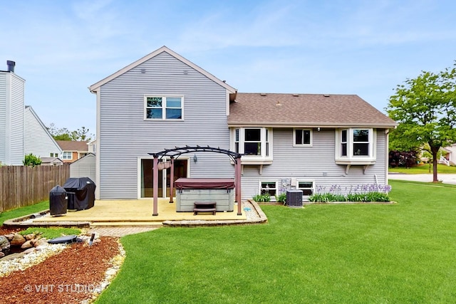 1176 Westport Rdg, Crystal Lake, IL 60014 - rear view of house featuring a hot tub, a pergola, roof with shingles, central AC, and a wooden deck