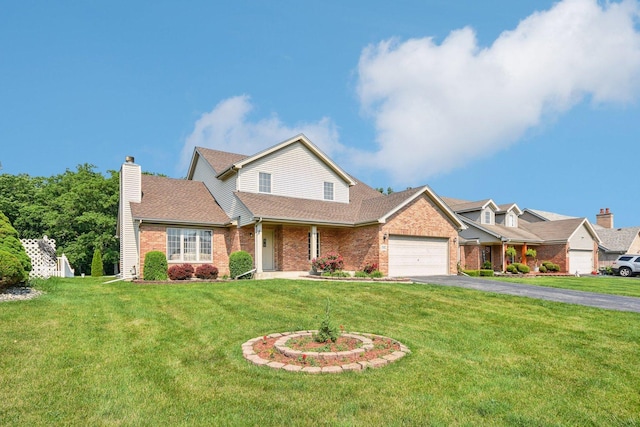 3410 Beckwith Ln, Crete, IL 60417 - view of front of house featuring brick siding, asphalt driveway, a garage, a front lawn, and a chimney