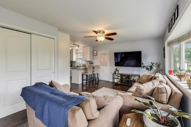 1086 E Thacker St, Des Plaines, IL 60016 - living room featuring dark wood finished floors and a ceiling fan