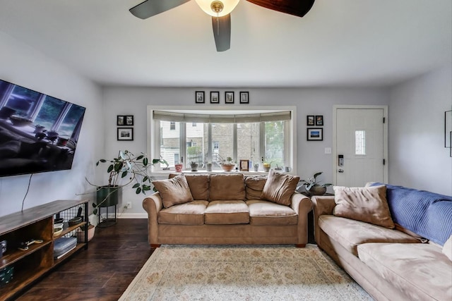 1086 E Thacker St, Des Plaines, IL 60016 - living room with dark wood-type flooring, a ceiling fan, and baseboards