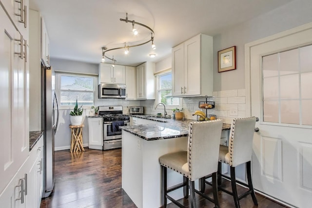 1086 E Thacker St, Des Plaines, IL 60016 - kitchen with stainless steel appliances, a sink, a peninsula, backsplash, and dark stone counters