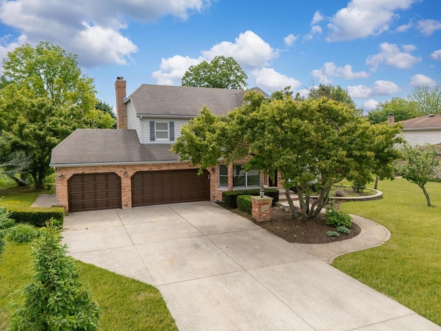 13045 Silver Fox Dr, Lemont, IL 60439 - view of property hidden behind natural elements with driveway, a front yard, brick siding, a chimney, and a garage