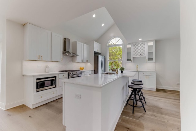 13045 Silver Fox Dr, Lemont, IL 60439 - kitchen with wall chimney range hood, stainless steel appliances, a sink, light wood finished floors, and recessed lighting