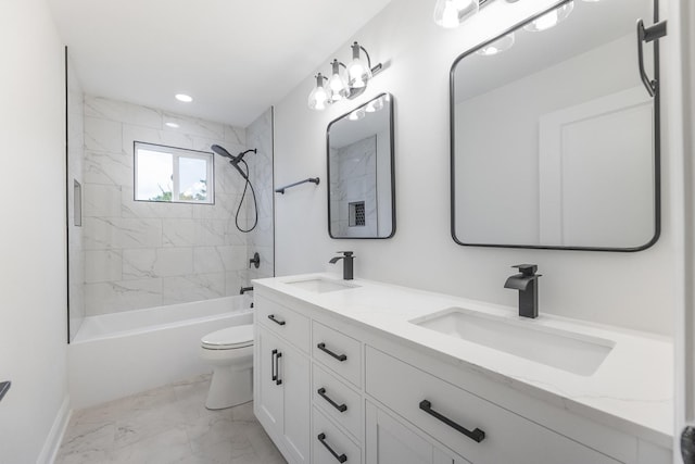 13045 Silver Fox Dr, Lemont, IL 60439 - bathroom with marble look tile flooring, double vanity, shower / washtub combination, toilet, and recessed lighting
