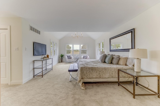 13045 Silver Fox Dr, Lemont, IL 60439 - bedroom with light colored carpet, a chandelier, lofted ceiling, and baseboards