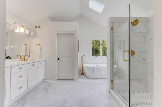 13045 Silver Fox Dr, Lemont, IL 60439 - full bathroom featuring a skylight, a marble finish shower, a freestanding bath, vanity, and marble finish flooring