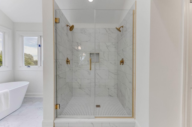 13045 Silver Fox Dr, Lemont, IL 60439 - full bathroom with a marble finish shower, baseboards, a freestanding tub, and marble look tile flooring