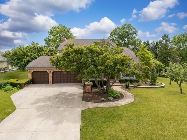 13045 Silver Fox Dr, Lemont, IL 60439 - obstructed view of property with a front lawn, concrete driveway, an attached garage, a chimney, and brick siding
