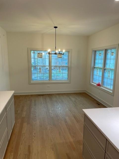 1672 Huntington Ln, Highland Park, IL 60035 - unfurnished dining area featuring wood finished floors, a chandelier, and baseboards