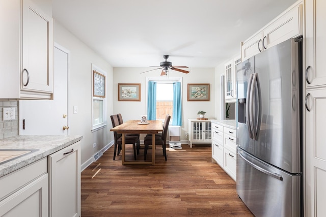 208 N Fremont St, Naperville, IL 60540 - kitchen with stainless steel fridge with ice dispenser, dark wood-type flooring, a ceiling fan, and baseboards