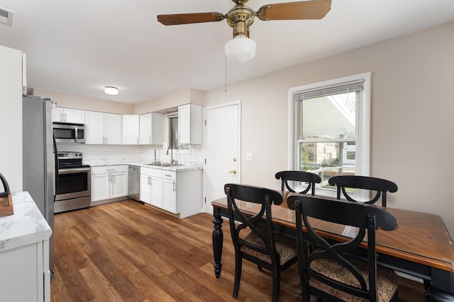208 N Fremont St, Naperville, IL 60540 - kitchen featuring appliances with stainless steel finishes, a sink, backsplash, ceiling fan, and dark wood-type flooring