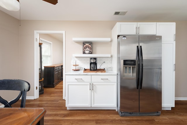 208 N Fremont St, Naperville, IL 60540 - kitchen with stainless steel fridge, light countertops, wood finished floors, and open shelves
