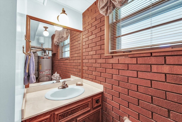 404 Maple Ln, Monticello, IL 61856 - bathroom with water heater, vanity, and brick wall