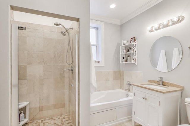 1908 N Whipple St Unit 2, Chicago, IL 60647 - bathroom with a garden tub, vanity, a shower stall, crown molding, and toilet