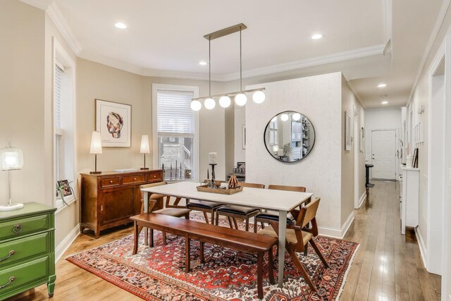 1908 N Whipple St Unit 2, Chicago, IL 60647 - dining space featuring light wood-style floors, ornamental molding, baseboards, and recessed lighting