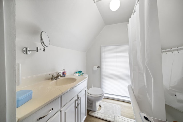 572 Walnut Ave, Elgin, IL 60123 - full bath with vanity, lofted ceiling, toilet, and wood finished floors
