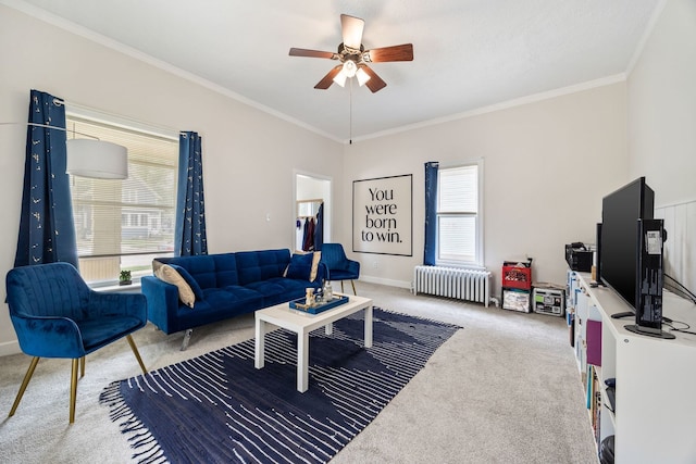 572 Walnut Ave, Elgin, IL 60123 - carpeted living area featuring radiator, crown molding, ceiling fan, and baseboards
