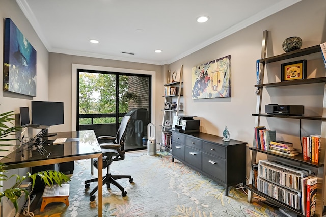 1409 Burr Oak Rd Unit 311A, Hinsdale, IL 60521 - office space with recessed lighting, crown molding, and light colored carpet