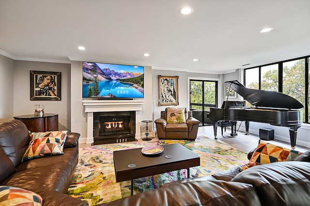 1409 Burr Oak Rd Unit 311A, Hinsdale, IL 60521 - living area featuring recessed lighting, ornamental molding, a fireplace with flush hearth, and wood finished floors