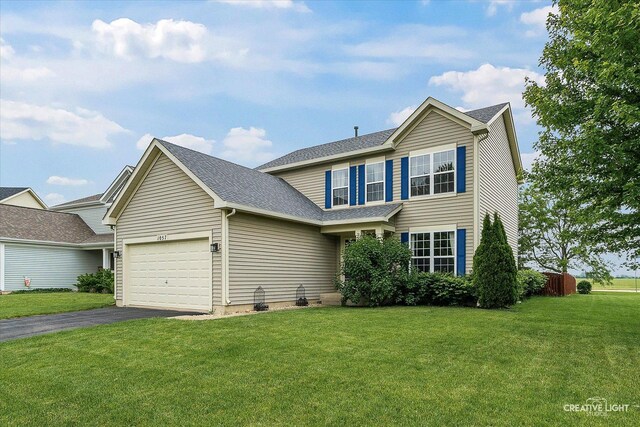 1057 Wright Ct, Plano, IL 60545 - traditional-style home featuring a garage, asphalt driveway, a front lawn, and roof with shingles