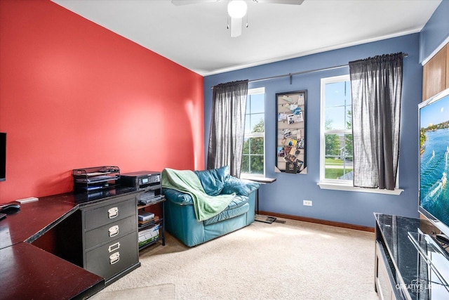 1057 Wright Ct, Plano, IL 60545 - living area featuring carpet floors, ceiling fan, a desk, and baseboards