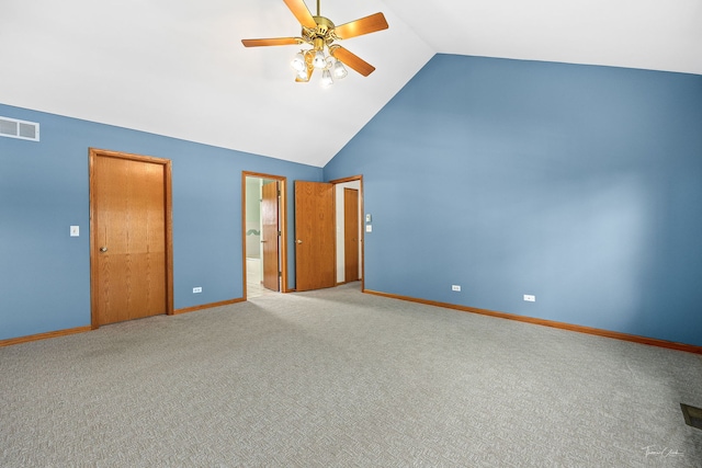 3151 Sawgrass Dr, Aurora, IL 60502 - unfurnished bedroom featuring lofted ceiling, carpet floors, baseboards, connected bathroom, and ceiling fan