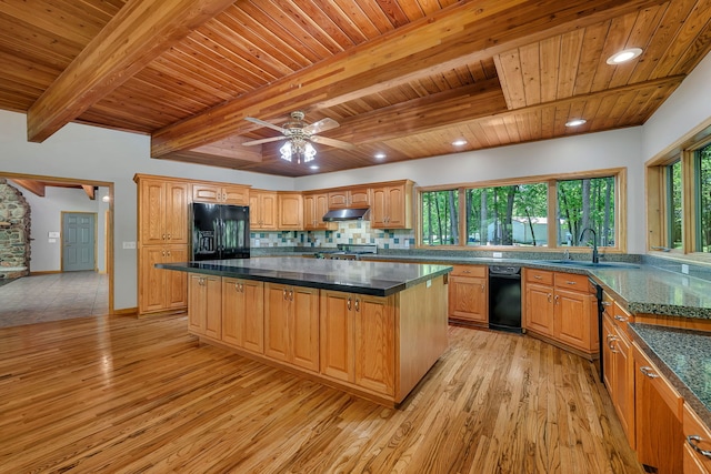 3085 W Southmor Rd, Morris, IL 60450 - kitchen featuring black refrigerator with ice dispenser, a wooden ceiling with exposed beams, light wood-type flooring, range, and under cabinet range hood