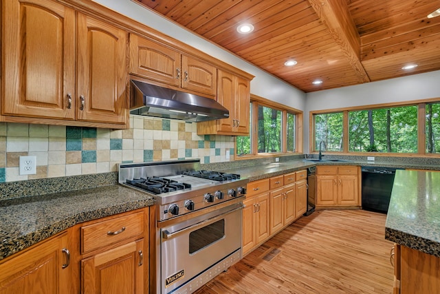 3085 W Southmor Rd, Morris, IL 60450 - kitchen with luxury range, under cabinet range hood, dishwasher, wood ceiling, and light wood finished floors