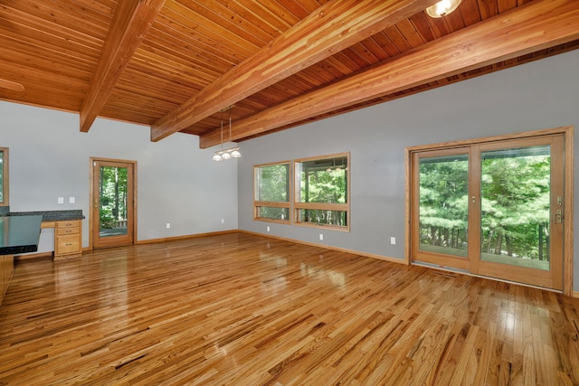 3085 W Southmor Rd, Morris, IL 60450 - unfurnished living room with a wood ceiling with exposed beams, plenty of natural light, light wood-type flooring, and a chandelier