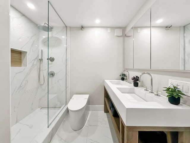 440 N Mcclurg Ct Unit 301, Chicago, IL 60611 - bathroom with marble finish floors, toilet, a marble finish shower, double vanity, and recessed lighting