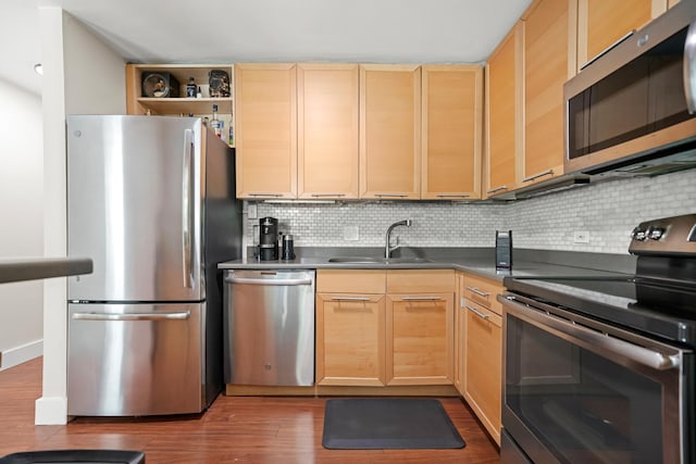 440 N Mcclurg Ct Unit 301, Chicago, IL 60611 - kitchen featuring appliances with stainless steel finishes, light brown cabinetry, a sink, and dark wood-style floors