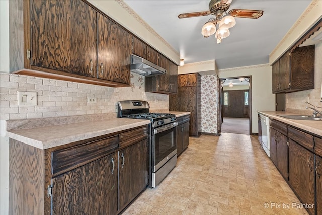 6704 Cypress Ct, Crystal Lake, IL 60012 - kitchen featuring stainless steel gas stove, range hood, a sink, and dark brown cabinets