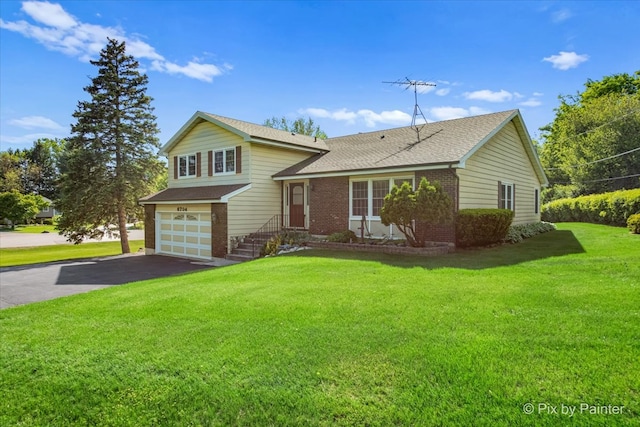 6704 Cypress Ct, Crystal Lake, IL 60012 - split level home featuring brick siding, a garage, driveway, a front lawn, and roof with shingles