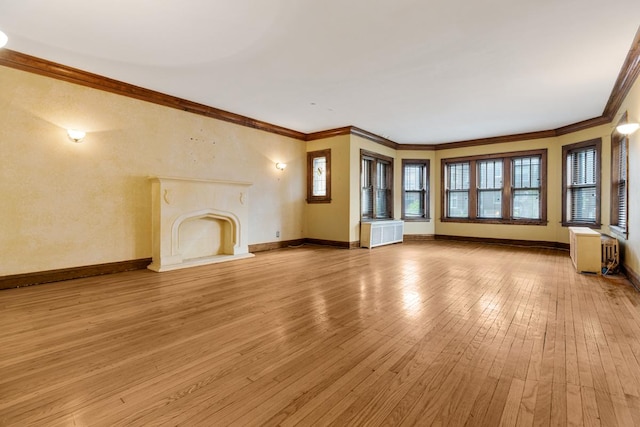 6801 S Crandon Ave Unit 1, Chicago, IL 60649 - unfurnished living room with light wood-type flooring, a fireplace with raised hearth, crown molding, and baseboards