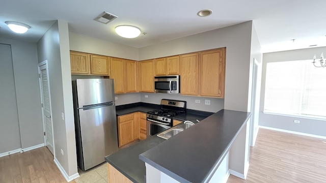 3522 S State St Unit 301, Chicago, IL 60609 - kitchen featuring appliances with stainless steel finishes, dark countertops, a sink, a peninsula, and light wood finished floors