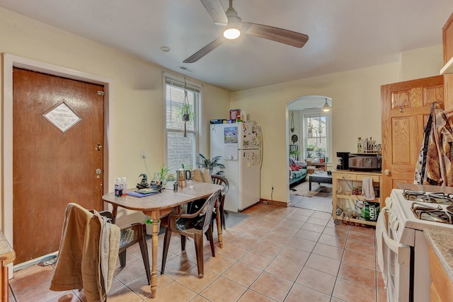 3342 S Aberdeen St, Chicago, IL 60608 - dining area with a ceiling fan, healthy amount of natural light, arched walkways, and light tile patterned flooring