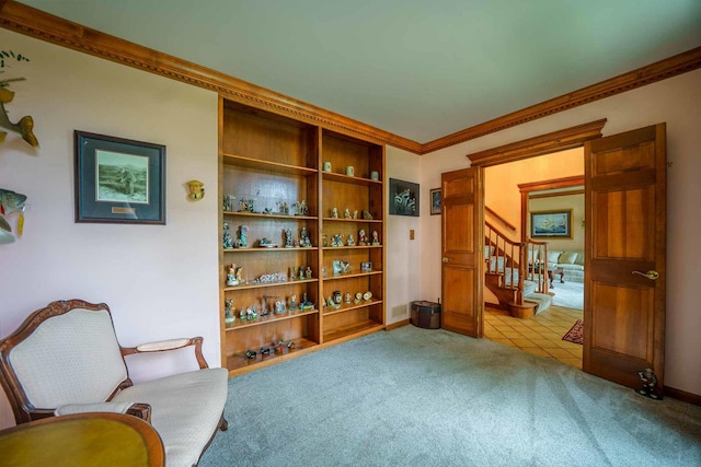 24065 Brancaster Dr, Naperville, IL 60564 - sitting room with stairs, carpet floors, crown molding, and baseboards