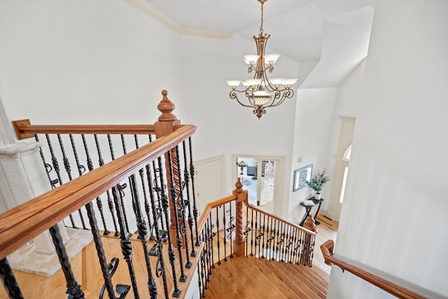 24355 S Arranmore Way, Frankfort, IL 60423 - stairs featuring a chandelier, wood finished floors, a towering ceiling, and crown molding