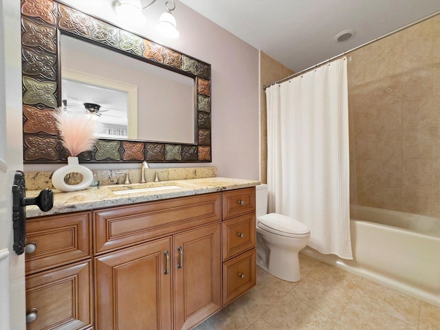 24355 S Arranmore Way, Frankfort, IL 60423 - bathroom featuring toilet, vanity, tile patterned flooring, shower / bath combo with shower curtain, and a ceiling fan