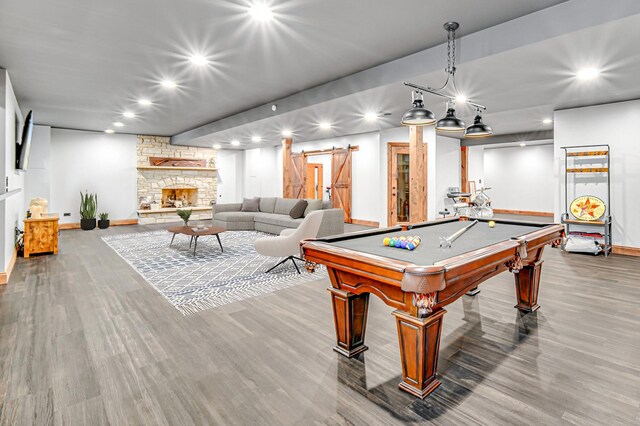 24355 S Arranmore Way, Frankfort, IL 60423 - game room featuring wood finished floors, baseboards, recessed lighting, a barn door, and pool table
