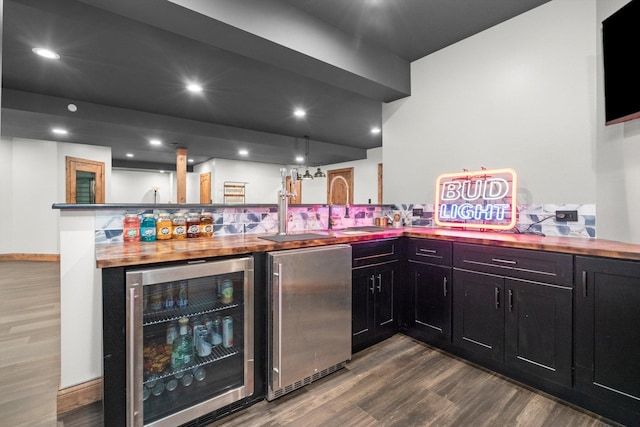 24355 S Arranmore Way, Frankfort, IL 60423 - indoor bar with wine cooler, dark wood finished floors, refrigerator, and recessed lighting