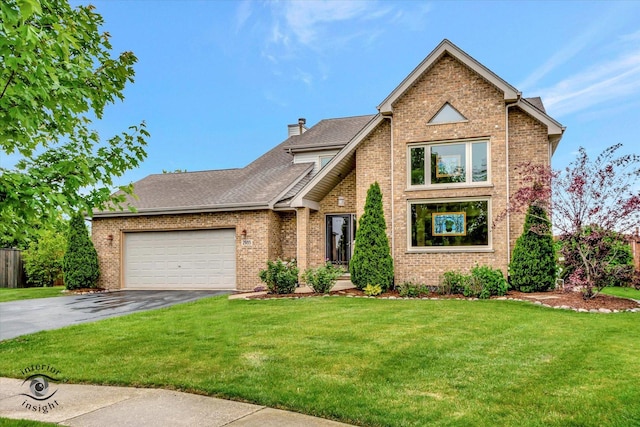 2985 Royal Ct, New Lenox, IL 60451 - view of front facade featuring driveway, brick siding, a front yard, a garage, and a chimney