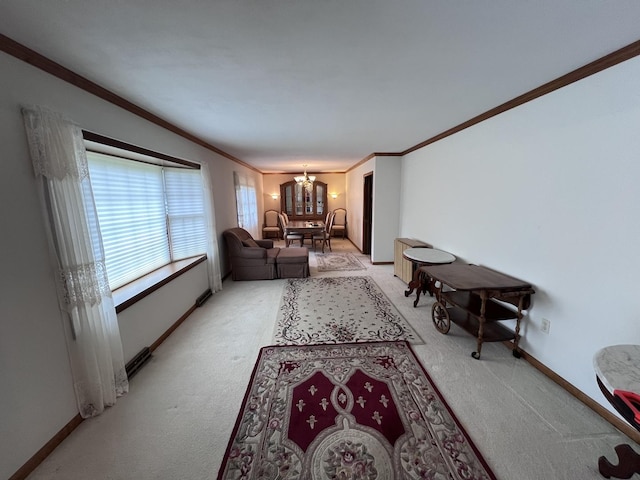 308 Tree Ln, Prophetstown, IL 61277 - living area featuring light carpet, a chandelier, ornamental molding, and baseboards