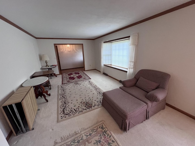 308 Tree Ln, Prophetstown, IL 61277 - living room featuring light carpet, ornamental molding, and baseboards